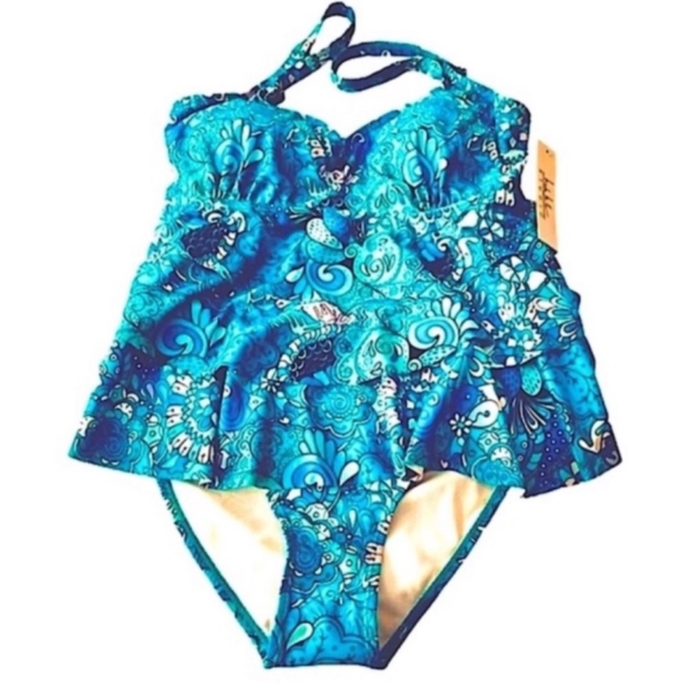 NEW Nicole Miller Two Piece Tankini Swimsuit tiered Vintage Vibes Blue Size XL